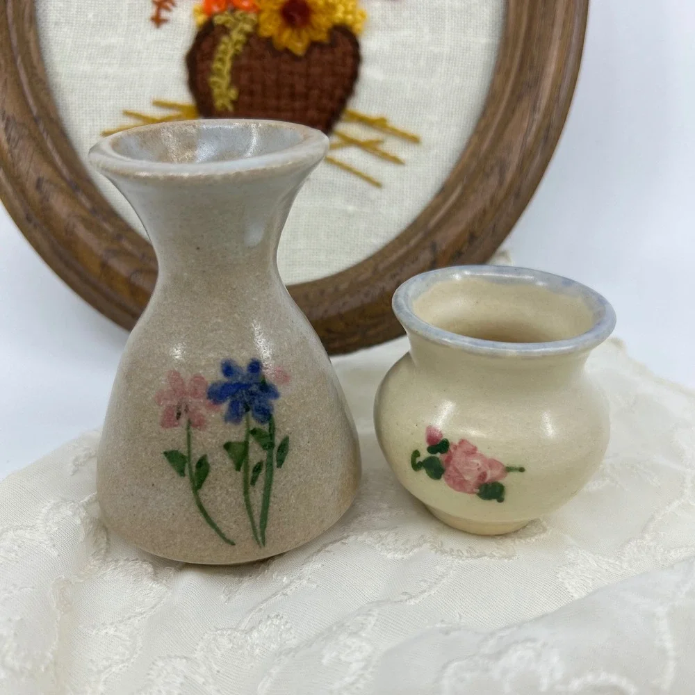 Vintage Handmade Pottery Floral Vases Pair of Miniature Vases Cottagecore 3.5